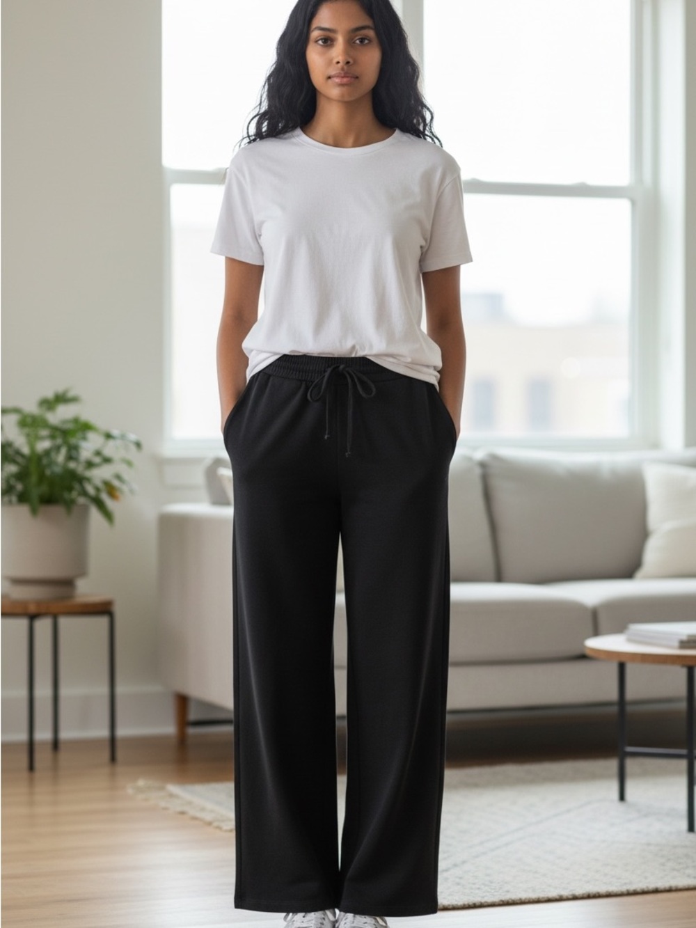 Halara Linen Look Butter Soft Wide Leg Pants Black S Tall NWT Drawstring Pockets
